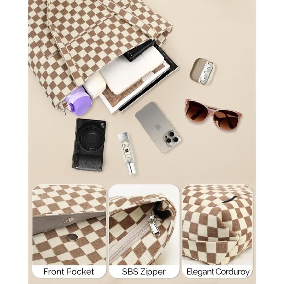 Women CheckeredBrown Corduroy Shoulder Tote Shopping Bag with Zipper and Pockets - Picture 5 of 6